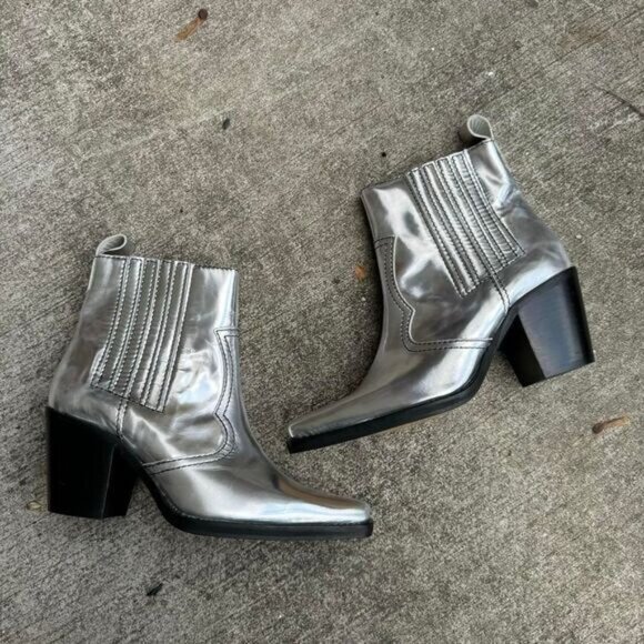Ganni Callie Boot Women's Size 37 Metallic Silver Heeled Western Leather Shiny - Picture 1 of 8